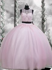 Spectacular Floor Length Baby Pink Quinceanera Gown Scoop Sleeveless Zipper