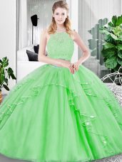 Tulle Zipper Scoop Sleeveless Floor Length Quinceanera Gown Lace and Ruffled Layers