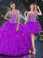Charming Sweetheart Sleeveless 15 Quinceanera Dress Floor Length Beading and Ruffles Purple Organza