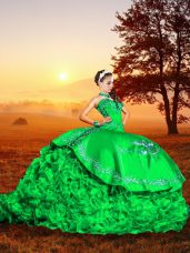 Comfortable Sweetheart Sleeveless 15 Quinceanera Dress Brush Train Embroidery and Ruffles Green Organza