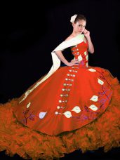 Sleeveless Embroidery and Ruffles Lace Up 15 Quinceanera Dress with Rust Red Brush Train