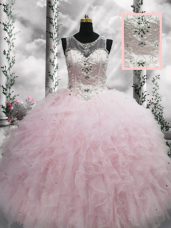Baby Pink Sleeveless Beading and Ruffles Floor Length Ball Gown Prom Dress