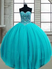 Extravagant Ball Gowns Ball Gown Prom Dress Aqua Blue Sweetheart Tulle Sleeveless Floor Length Lace Up