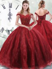 Eye-catching Wine Red Off The Shoulder Neckline Beading Ball Gown Prom Dress Sleeveless Lace Up