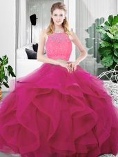 Deluxe Scoop Sleeveless Sweet 16 Dress Floor Length Lace and Ruffles Fuchsia Tulle