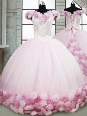 Excellent Pink Off The Shoulder Neckline Hand Made Flower Sweet 16 Dress Sleeveless Lace Up