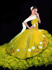 Gold Ball Gowns Sweetheart Sleeveless Organza Brush Train Lace Up Embroidery and Ruffles 15 Quinceanera Dress