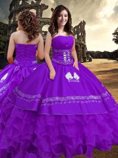 Luxury Strapless Sleeveless Taffeta Quinceanera Dress Embroidery and Ruffled Layers Zipper