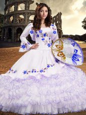 Organza Square Long Sleeves Lace Up Embroidery and Ruffled Layers Quinceanera Dresses in Royal Blue