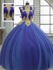 Spectacular Royal Blue Lace Up High-neck Appliques Quinceanera Gowns Tulle Sleeveless