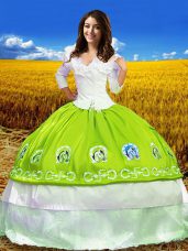 Yellow Green Ball Gowns Off The Shoulder 3 4 Length Sleeve Taffeta Floor Length Lace Up Embroidery Quinceanera Gown