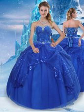 Cheap Royal Blue Ball Gowns Tulle Sweetheart Sleeveless Beading and Pick Ups Floor Length Lace Up Quinceanera Dress