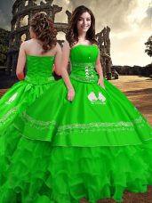 Traditional Green Strapless Zipper Embroidery and Ruffled Layers Quinceanera Dress Sleeveless
