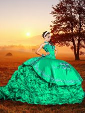 Hot Selling Turquoise Sleeveless Brush Train Embroidery and Ruffles Sweet 16 Dress
