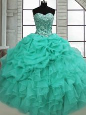 Sleeveless Organza Floor Length Lace Up Quinceanera Dresses in Turquoise with Beading and Ruffles and Pick Ups