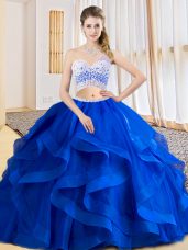 Fitting Tulle One Shoulder Sleeveless Criss Cross Beading and Ruffles Ball Gown Prom Dress in Royal Blue