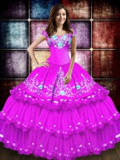 Sumptuous Sleeveless Floor Length Embroidery and Ruffled Layers Lace Up Sweet 16 Quinceanera Dress with Fuchsia