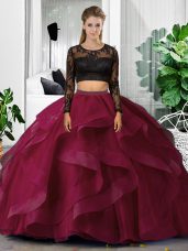 Scoop Long Sleeves 15th Birthday Dress Floor Length Lace and Ruffles Fuchsia Tulle