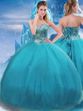 Decent Teal Ball Gowns Appliques Vestidos de Quinceanera Lace Up Tulle Sleeveless Floor Length