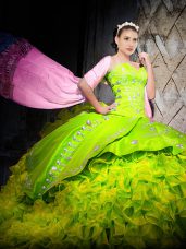 Custom Made Yellow Green Sleeveless Organza Brush Train Lace Up 15 Quinceanera Dress for Military Ball and Sweet 16 and Quinceanera