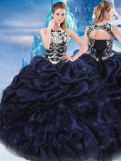 Navy Blue Lace Up High-neck Appliques and Ruffles and Pick Ups Sweet 16 Dress Taffeta Sleeveless