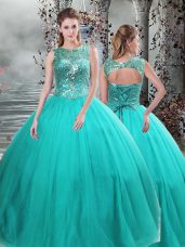 New Style Turquoise Lace Up Quince Ball Gowns Beading Sleeveless Floor Length