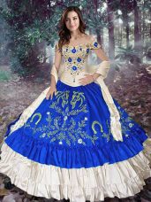 Off The Shoulder Sleeveless Ball Gown Prom Dress Floor Length Embroidery and Ruffled Layers Royal Blue Taffeta