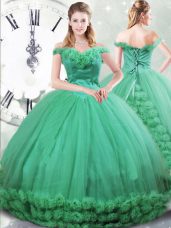 Turquoise Sleeveless Brush Train Hand Made Flower Quinceanera Gowns