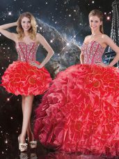 Sweetheart Sleeveless Quinceanera Gowns Floor Length Beading and Ruffles Coral Red Organza