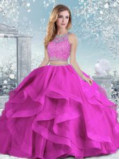 Flirting Beading and Ruffles 15 Quinceanera Dress Fuchsia Clasp Handle Sleeveless Floor Length