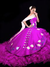 Fuchsia V-neck Lace Up Embroidery and Ruffles Vestidos de Quinceanera Brush Train Sleeveless