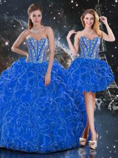 Graceful Floor Length Blue Ball Gown Prom Dress Organza Sleeveless Beading and Ruffles