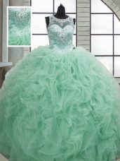 Customized Apple Green Lace Up Quince Ball Gowns Beading and Ruffles Sleeveless Floor Length
