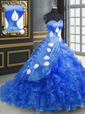 Blue Lace Up Ball Gown Prom Dress Embroidery and Ruffles Sleeveless Brush Train