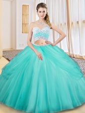 Smart Aqua Blue Sleeveless Floor Length Beading and Ruching and Pick Ups Criss Cross Quinceanera Gown