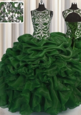 Super See Through Ball Gowns Vestidos de Quinceanera Dark Green Scoop Organza Sleeveless Floor Length Lace Up