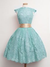 Aqua Blue Cap Sleeves Lace Lace Up Quinceanera Court Dresses for Prom and Party and Wedding Party
