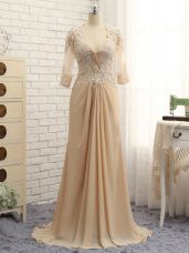 Superior V-neck Long Sleeves Chiffon Mother of the Bride Dress Beading and Lace and Appliques Brush Train Zipper