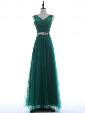 High End Empire Prom Evening Gown Green V-neck Tulle Sleeveless Floor Length Zipper