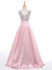 Sweet Sleeveless Elastic Woven Satin Brush Train Backless Prom Gown in Baby Pink with Beading