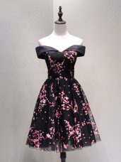 Knee Length Black Homecoming Dress Off The Shoulder Sleeveless Lace Up