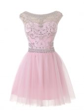 Baby Pink Tulle Zipper Scoop Sleeveless Mini Length Prom Dress Beading