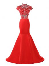 Short Sleeves Satin Sweep Train Zipper Prom Dresses in Coral Red with Beading