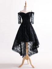 Pretty Tulle Straps Half Sleeves Lace Up Lace Prom Dress in Black
