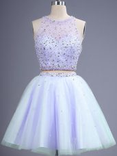 New Style Lavender Sleeveless Knee Length Beading Lace Up Dama Dress for Quinceanera
