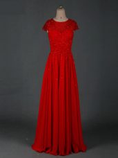 Customized Red Empire Scoop Cap Sleeves Chiffon Floor Length Zipper Beading Mother of Groom Dress