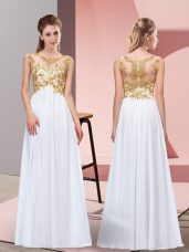 White Empire Appliques Prom Evening Gown Zipper Chiffon Sleeveless Floor Length