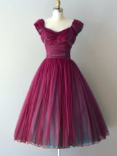 Burgundy Chiffon Lace Up V-neck Cap Sleeves Knee Length Dama Dress for Quinceanera Ruching