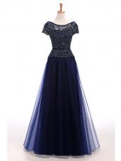Navy Blue Tulle Lace Up Scoop Short Sleeves Floor Length Evening Dress Beading