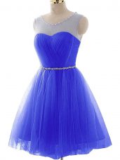 Scoop Sleeveless Tulle Prom Evening Gown Beading and Ruching Lace Up